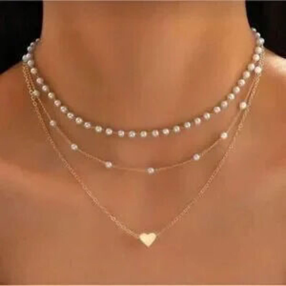 Gold Tone Layered Pearl Heart Necklace 1pc Chain Statement Necklace Gift Dainty